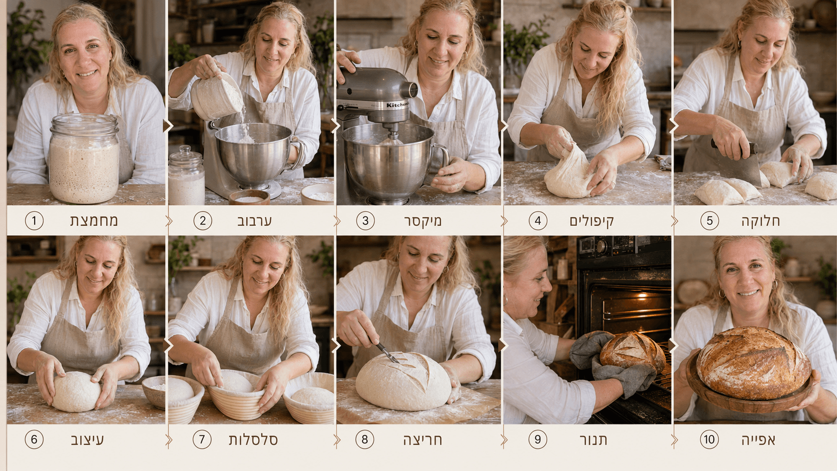 עשרת השלבים המרכזיים בהכנת לחם מחמצת, מהמחמצת ועד האפייה