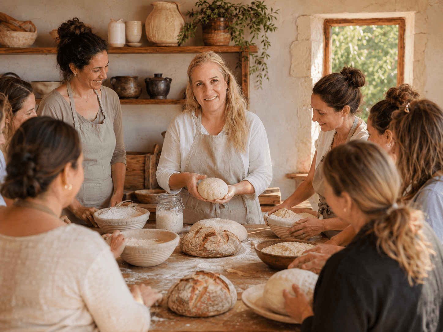 ורדית גור אריה מלמדת עבודת בצק סביב שולחן עבודה משותף